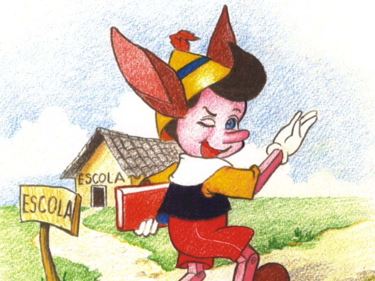 Ilustração do Pinóquio saindo da escola, segurando um livro em uma das mãos, saltitando e com um chapéu com orelhas de burro. 