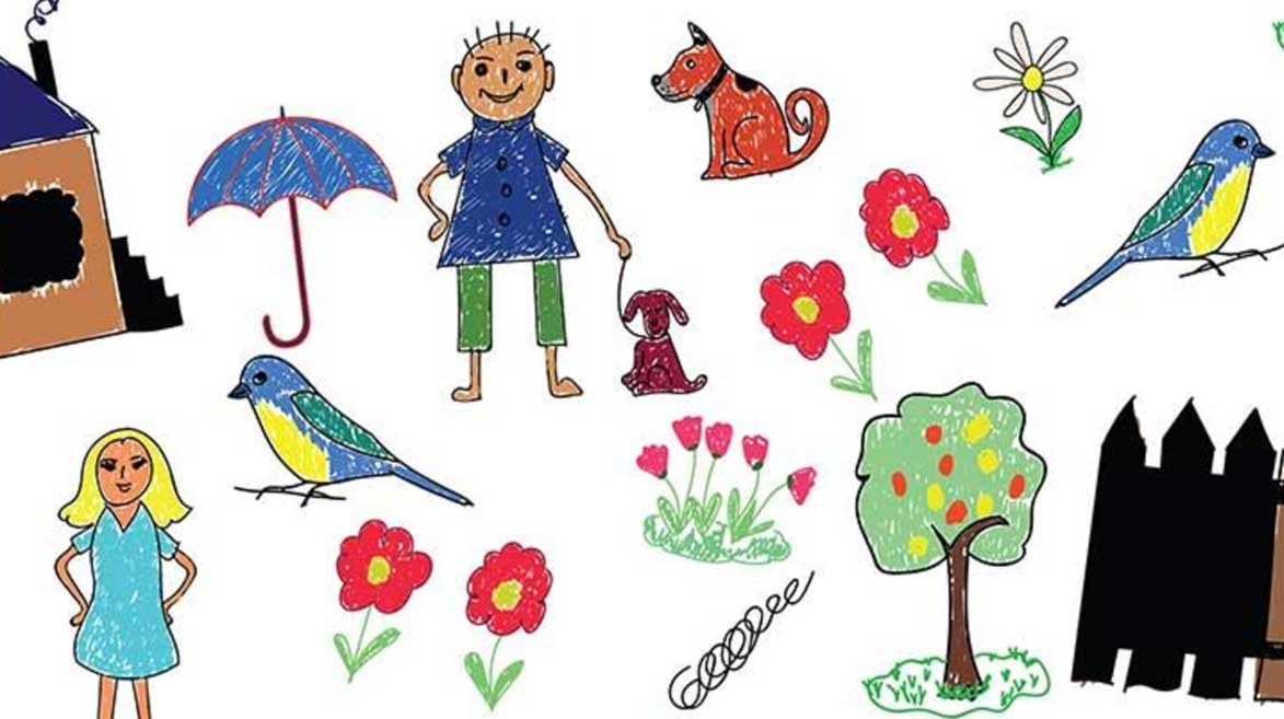 Representação de desenhos infantis com casa, guarda-chuva, pessoas, pássaro, flores, cachorro, árvore e cercado, espalhados de forma aleatória. 