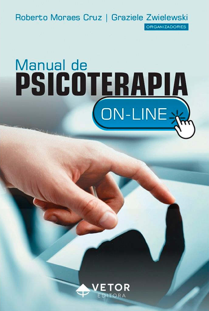 Capa do livro Manual de Psicoterapia On-Line, composta por uma mão masculina segurando um aparelho tablet e com a mão esquerda tocando a tela touchscreen.