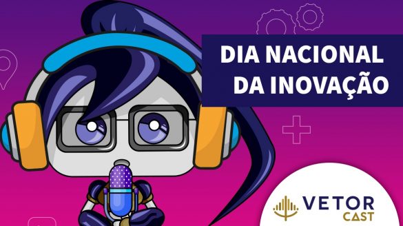 Imagem da mascote robótica Íris da Vetor Editora, cantando com um microfone.