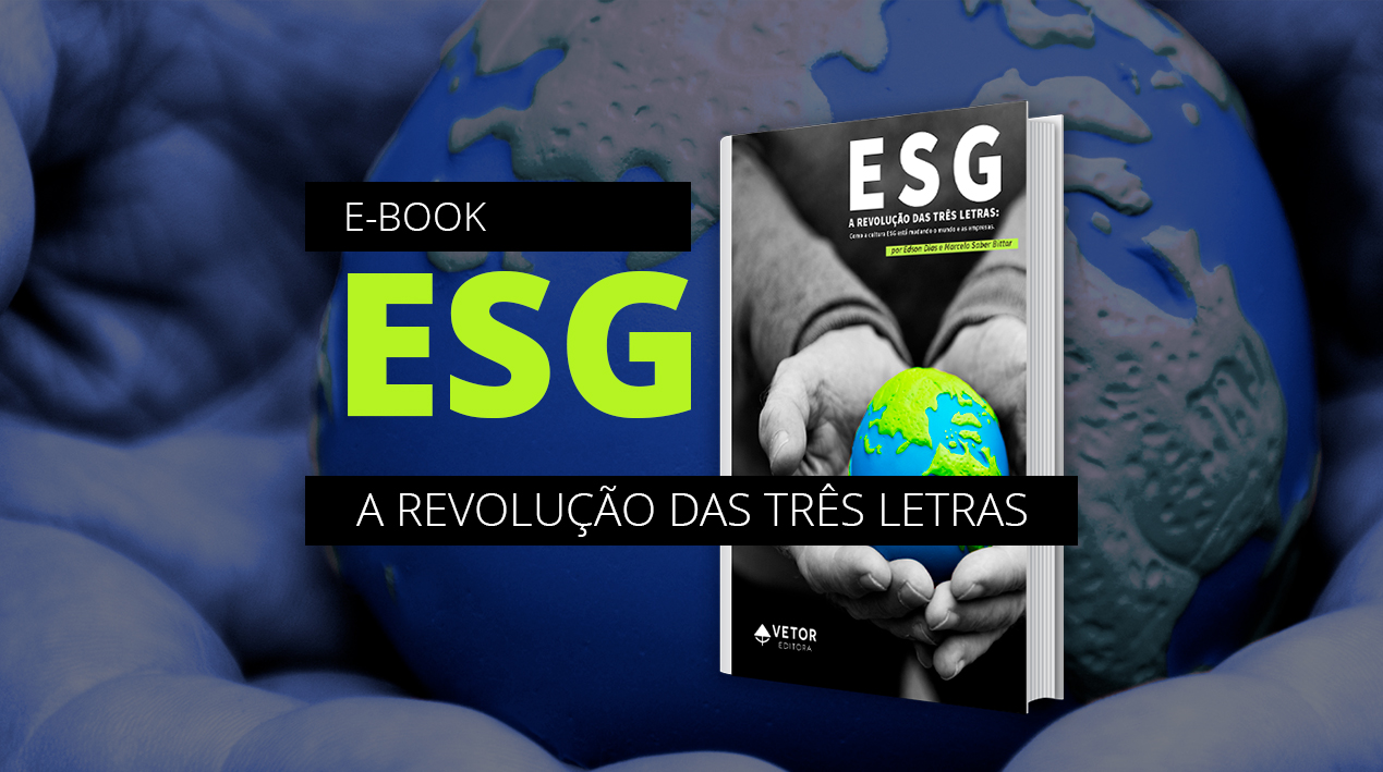 Capa do E-book ESG com a imagem de mãos segurando um pequeno globo terrestre texturizado. 