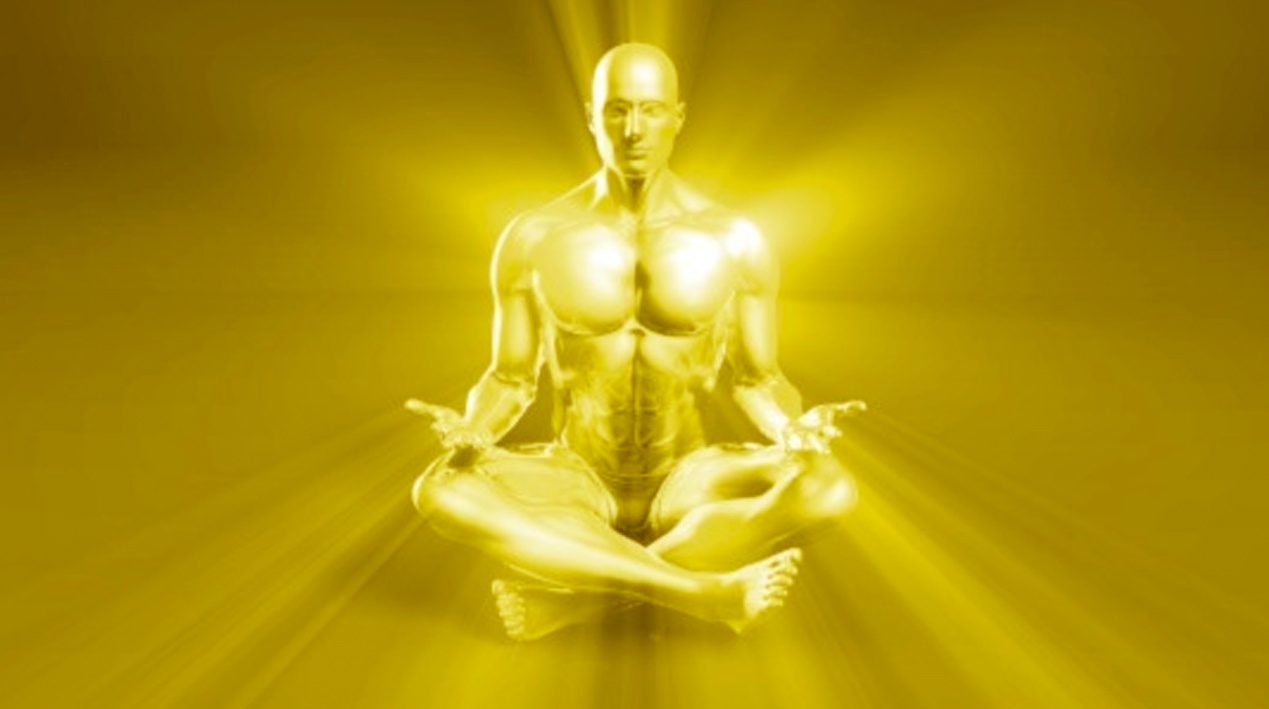 Homem em 3D em posição de meditação com feixes luminosos emanando dele.