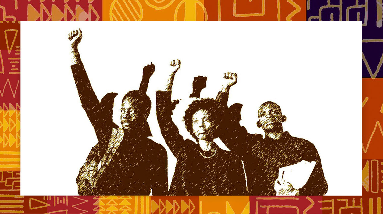 Três estudantes negros erguendo o braço direito em sinal de protesto.