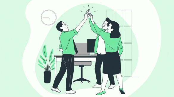 Ilustração com dois homens e uma mulher em círculo em um escritório, comemorando e cada um deles erguendo a mão direita tocando-se no alto