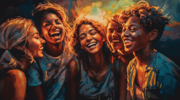 Imagem gerada por Inteligência Artificial, representando um grupo de garotas sorridentes, como num quadro pintado à mão.