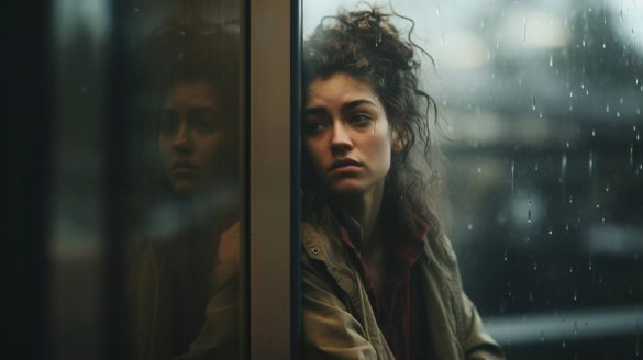 Imagem de uma mulher com expressão triste, encostada a uma janela que contém respingos de chuva. Imagem concebida por Inteligência Artificial.