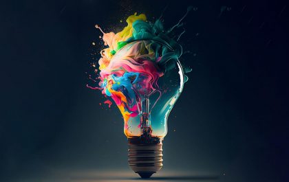 Imagem criada por IA que representa uma lâmpada incandescente da qual saem de suas extremidades uma fumaça densa e colorida.