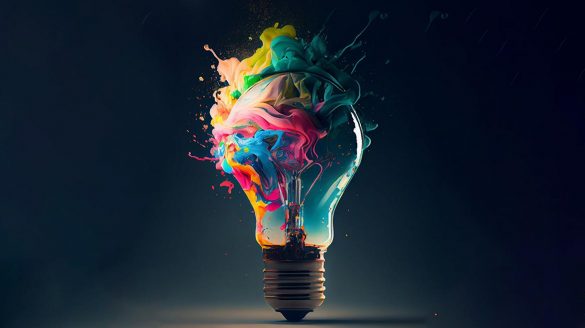 Imagem criada por IA que representa uma lâmpada incandescente da qual saem de suas extremidades uma fumaça densa e colorida.