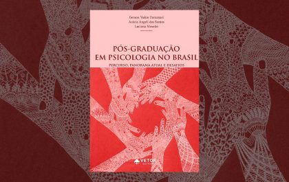 Composição gráfica com a capa do livro Pós-graduação em psicologia no Brasil. Destaca-se o elemento gráfico composto por 8 mãos com linhas vetoriais ornamentadas e juntas formam um circulo.