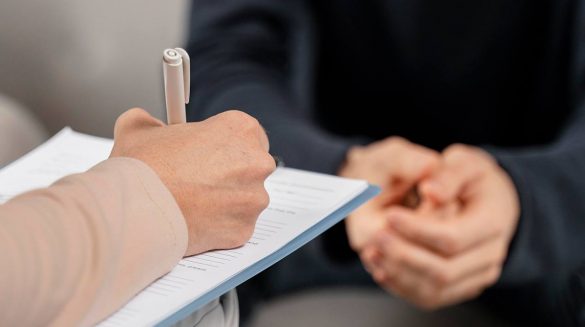Imagem closeup da mão de um psicólogo segurando uma caneta enquanto escreve em uma prancheta e, ao fundo da imagem, um home sentado e com as mãos unidas formando uma concha.