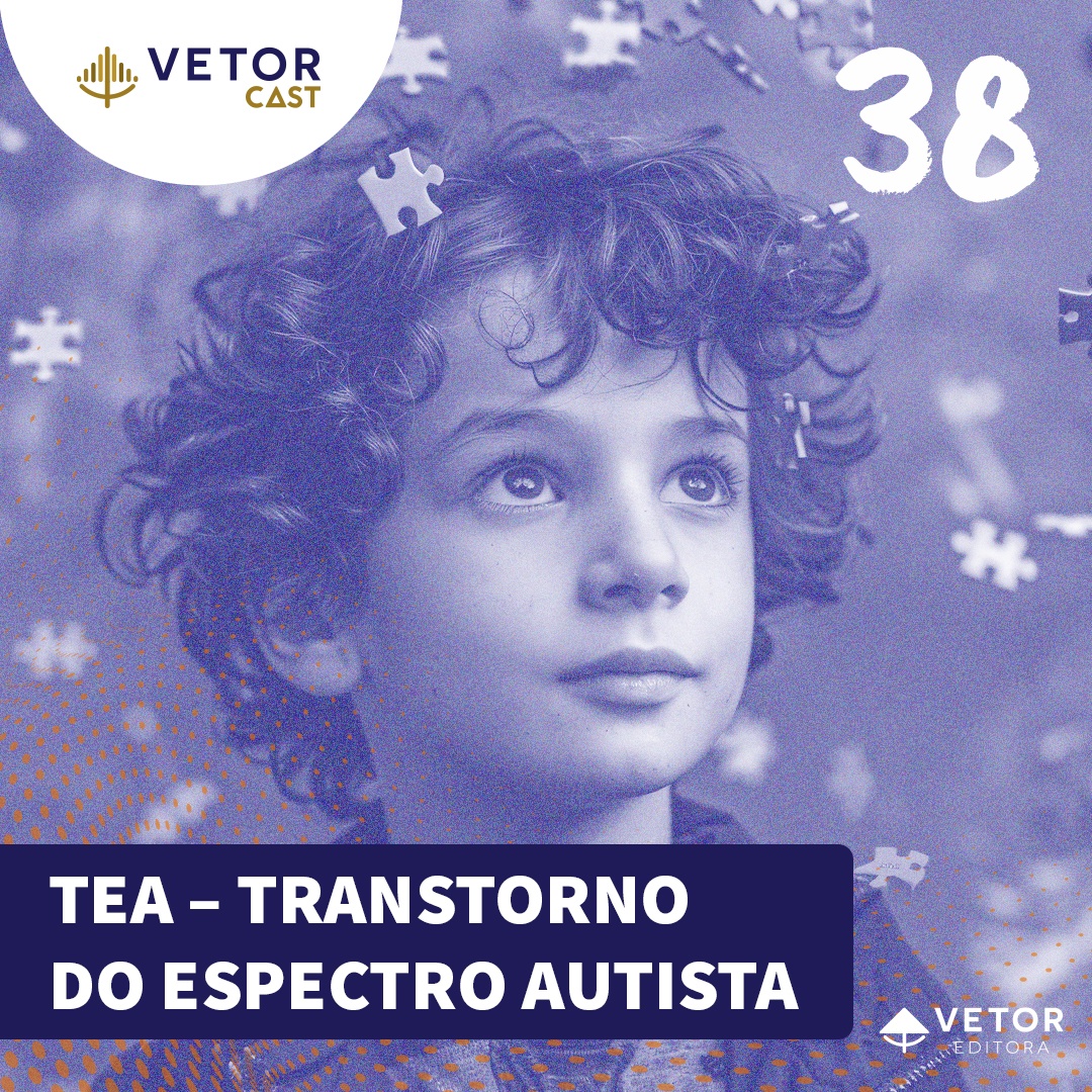 Capa do podcast Vetorcast episódio 38, com a lustração do rosto de um garoto jovem com aparentes 7 ou 11 anos de idade. Tema: TEA, Transtorno do Espectro Autista.